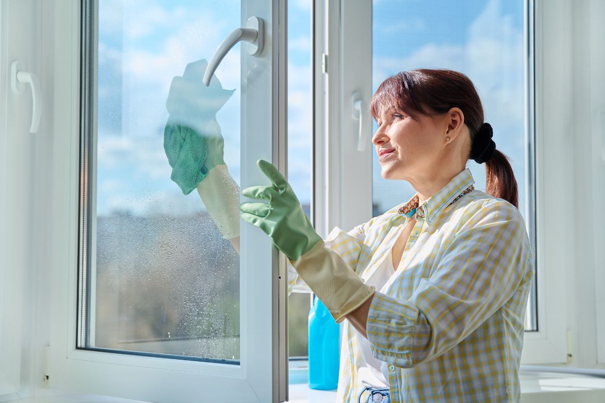 A woman in a yellow shirt and gloves cleans a window, focusing on removing dirt and smudges for a clear view.