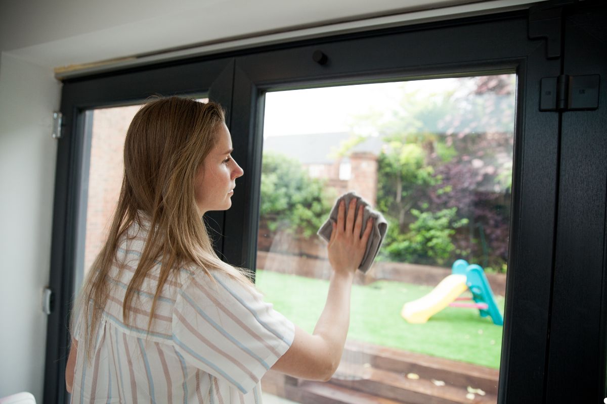 A woman using a cloth to clean a large glass window, focused on removing streaks for a clear view. 